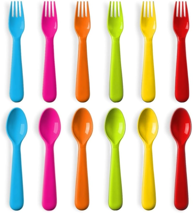 PLASKIDY Plastic Toddler Utensils Set of 12 Kids Utensils Forks and Spoons - BPA FREE/Dishwasher Safe Toddlers Silverware Set Brightly Colored Children's Safe Flatware Cutlery Set - Image 1